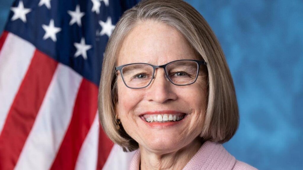 Mariannette Miller-Meeks official headshot. A white woman with graying hair down to her chin, smiling and wearing glasses