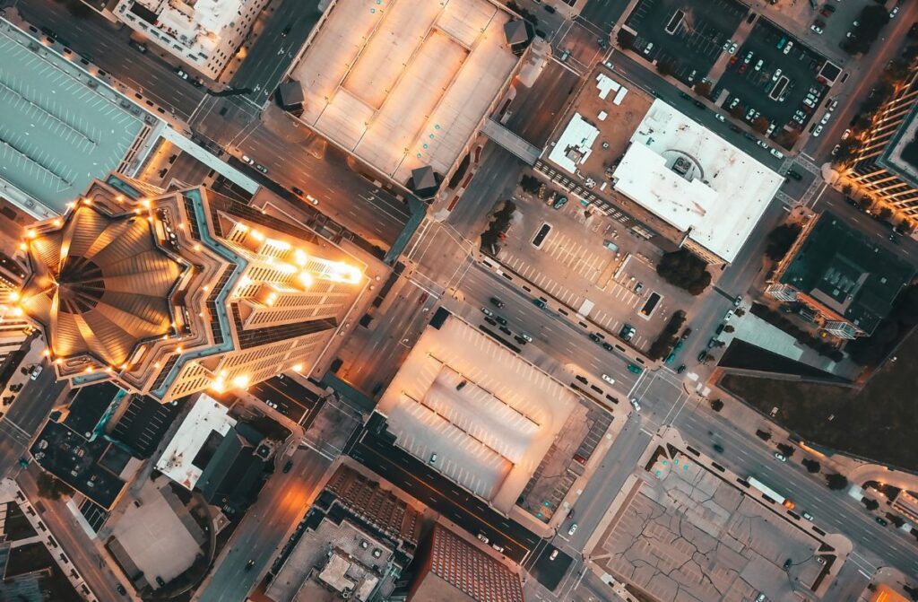 Overhead shot of downtown Des Moines, IA.