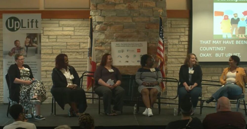 Five Iowans who are part of the UpLift basic income pilot talk about their experiences with a moderator.