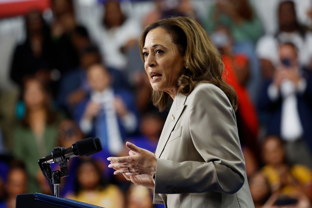 Vice President Kamala Harris gives remarks alongside U.S. President Joe Biden at Prince George’s Community College on August 15, 2024 in Largo, Maryland. Biden and Harris held the event to talk about their administration's efforts to lower drug costs. This event is the first time President Biden and Vice President Harris have appeared in public together since Biden announced he would be stepping down from running for re-election. (Photo by Anna Moneymaker/Getty Images)