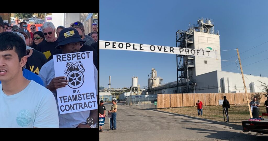 Workers and supporters of a Teamsters contract gather for a rally in front of the Cargill Corn plant in Cedar Rapids on Oct. 10, 2024. / A sign erected by striking workers outside of the Cargill plant saying "People Over Profit."