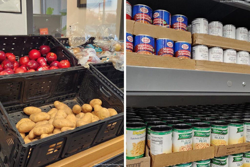 Some of the food at the DMARC food pantry. Left: crates of fresh apples and potatoes. Right: stacks of canned fruits, beans and vegetables