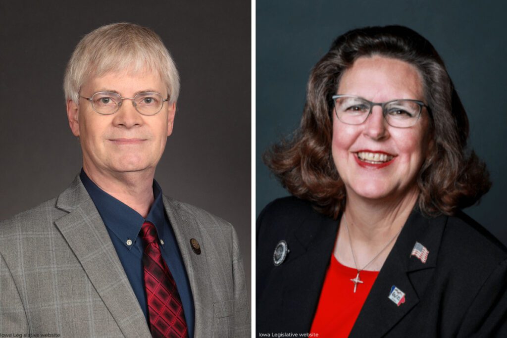 Left: offical portrait of Sen. Jeff Taylor, right: official portrait of Sen. Sandy Salmon. Both voted to advance a bill to make Iowa schools teach life begins at conception