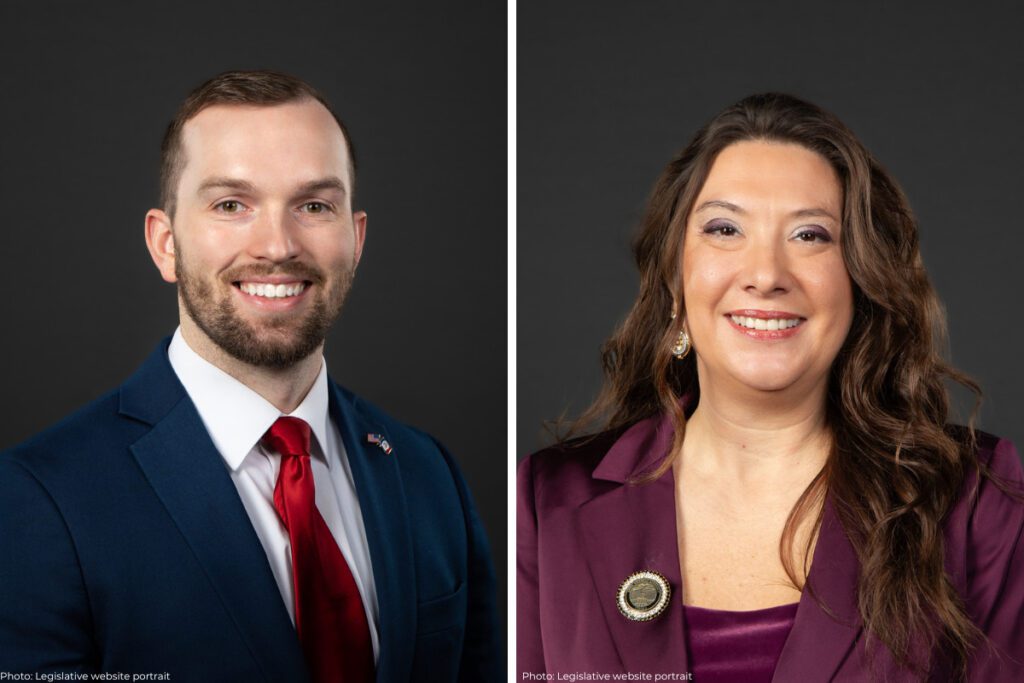 left: official portrait of Rep. Skyler Wheeler, right: official portrait of Rep. Samantha Fett. Both introduced bills to require anti-abortion propaganda videos be shown in classrooms